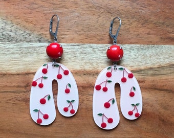 Rockabilly pinup cherry printed clear acrylic statement dangle earrings 