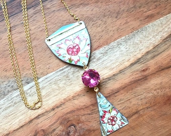 Vintage Holland Floral Tin with Vintage Pink Glass Necklace with Gold Plated Chain Coral Pink Flowers on Mint Green Background Recycled Tin