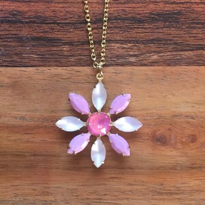 Vintage Glass Daisy Pendant Necklace Matte Frosted Pink and Opaque Pink Alternating “ Petals” with Lotus Pink Center Boho Flower Spring