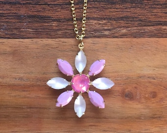 Vintage Glass Daisy Pendant Necklace Matte Frosted Pink and Opaque Pink Alternating “ Petals” with Lotus Pink Center Boho Flower Spring