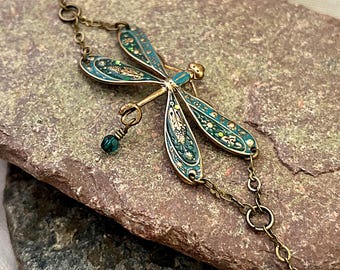Emerald Green Dragonfly Bracelet, Brass Bohemian Style Chain