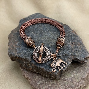East Indian Inspired Elephant Charm Vintage Copper Viking Knit  Bracelet
