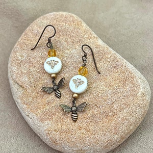 White Czech Honey Bee Bead with Honey Bee Charm Earrings