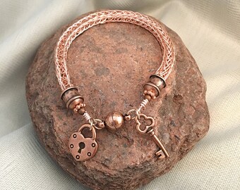 Hartslot en sleutel magnetische sluiting roségoud koperen Viking gebreide armband