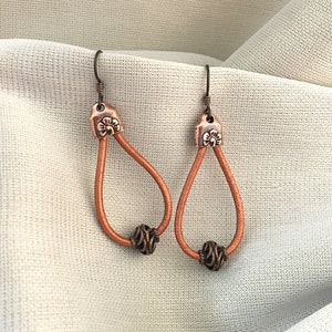 Bronze Metallic Leather Loop Boho Style Brass Earrings
