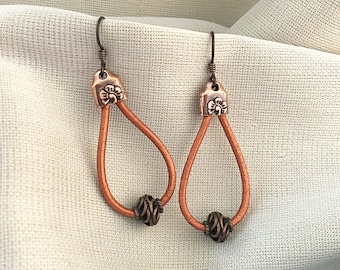 Bronze Metallic Leather Loop Boho Style Brass Earrings