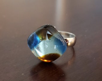 Recycled blue wine bottle ring/kiln-fused blue, brown ring/upcycled glass ring on silver band