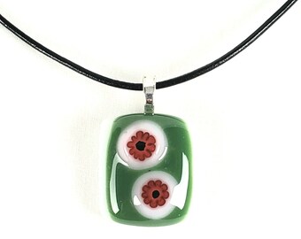 Holiday kiln-fused glass pendant in red, white flowers/Handcrafted necklace Christmas colors on leather cord or silver chain