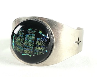 Cuff bracelet in blue green dichroic glass on black/Metallic glass kiln-fused cuff bracelet