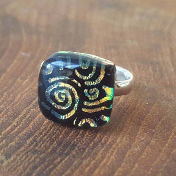 Kiln-fused ring in yellow-gold swirl and black dichroic glass/Handcrafted metallic glass ring on silver band/Handmade square-shaped design