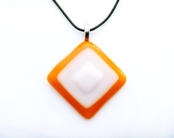 Kiln-fused pendant in orange and white glass on leather cord or silver chain/Bright orange and white necklace