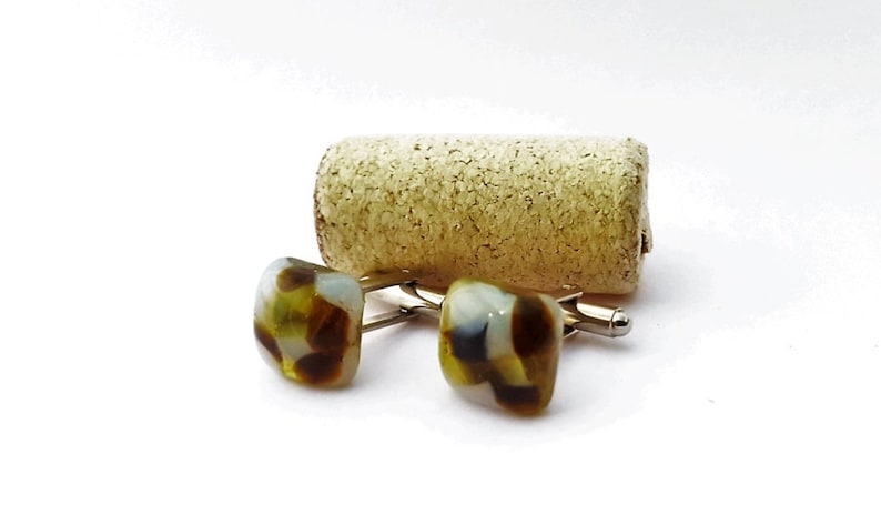Recycled wine bottle cufflinks in brown yellow and frosted glassRepurposed square cufflinks