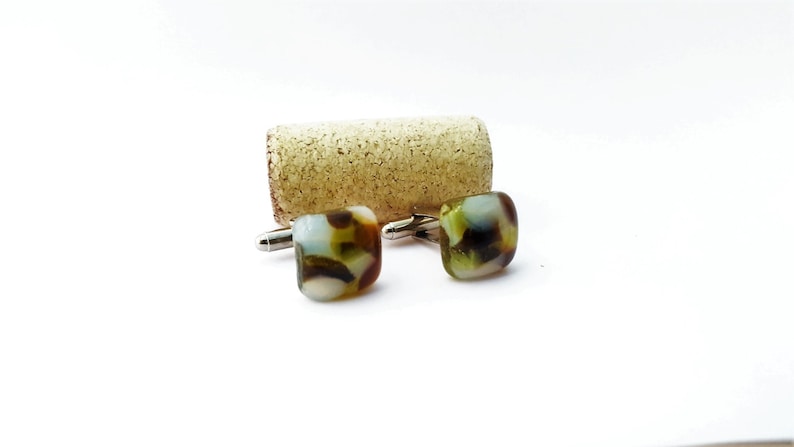 Recycled wine bottle cufflinks in brown yellow and frosted glassRepurposed square cufflinks