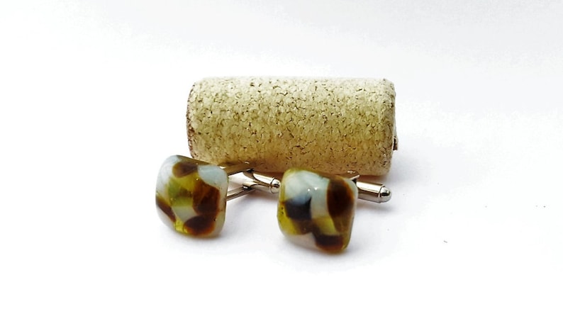 Recycled wine bottle cufflinks in brown yellow and frosted glassRepurposed square cufflinks
