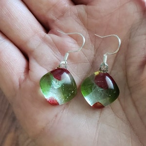 Recycled wine bottle earrings in red and green/Holiday sterling silver earrings/Eco-friendly &quot;Holly Berry&quot; earrings
