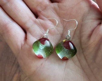 Recycled red and green wine bottle earrings/Holiday sterling silver earrings/Eco-friendly "Holly Berry" earrings