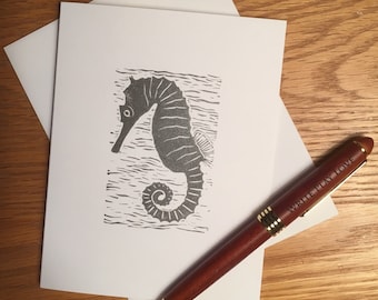 Seahorse linocut block print card