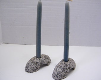 Natural Granite Rock Candle Holders: Beach Stone Candlestick Set