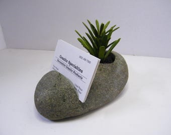 Business Card Holder: Planter, River Stone, Desk Accessory