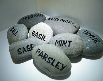 Engraved River Stone Plant Markers: Set of Six, Handcrafted Garden Decor