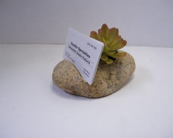 Business Card Holder: Planter, River Stone, Desk Accessory