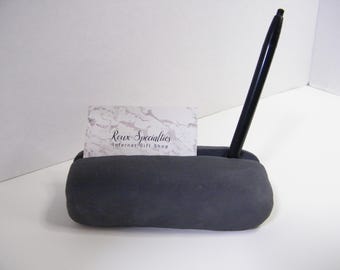 Business Card & Pen Holder: Natural Rock, Handcrafted Desk Organizer