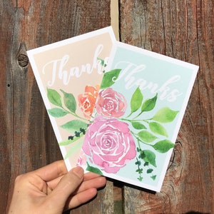 Conjunto Duo Rosa Aquarela Cartões Postais de Agradecimento - Conjunto de 2 - Cartão de Agradecimento Floral Original Pintura Arte