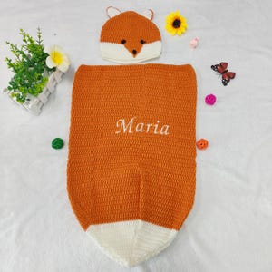 Conjunto de chapéu personalizado Cocoon e Raposa para bebê, bordado com nome, padrão de crochê personalizado, cobertor de crochê para presente de bebê