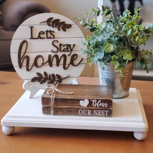 Let's stay home sign, wood books, faux books, mini books, home decor, farmhouse chic, rustic chic