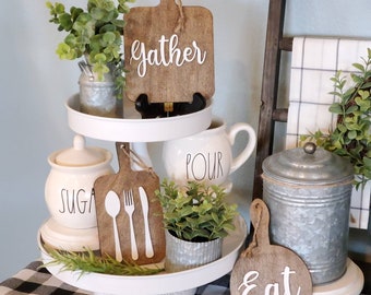 Decorative cutting boards, farmhouse style, rustic chic, home decor, kitchen decor, modern farmhouse, stained wood, gather sign, eat sign
