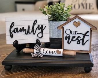 Home decor, family sign, our nest sign, wood sign, tiered tray sign, kitchen decor, livingroom decor, farmhouse decor, rustic chic decor