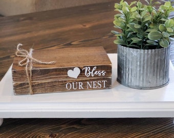 Bless our nest, wood books, book stacks, faux books, home decor, mini books, tiered tray decor, stained book, stained wood