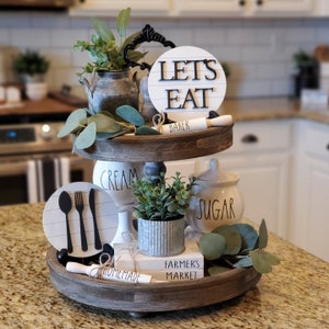 Let's eat, kitchen sign, kitchen decor, home decor, tiered tray sign, shiplap round, farmhouse decor