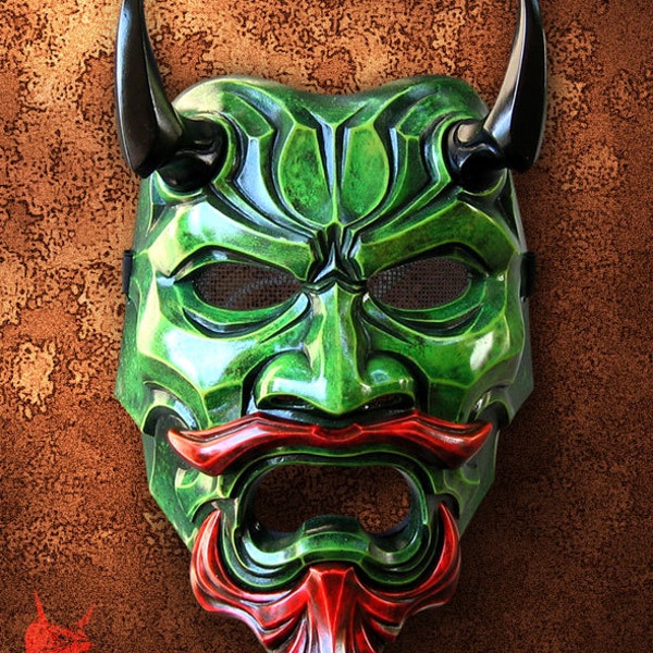 Uncle Oni Mask 302 - Green Fiberglass Japanese noh style art oni mask - FREE SHIPPING