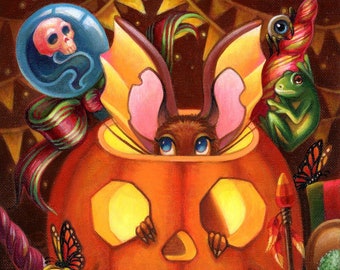 Print, I'll Just Be Right Here print by Angel Hawari, Halloween Art, Jack O Lantern, Pumpkins, Costumes, Haunted Candy