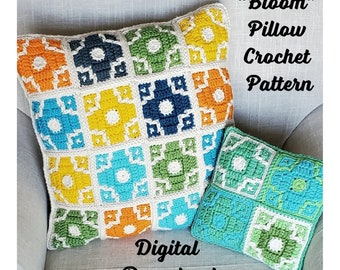 Pattern, Bloom Pillow, Mosaic crochet, squares, pillow cover, pillow case, retro, floral, bubbles, quick weekend projects