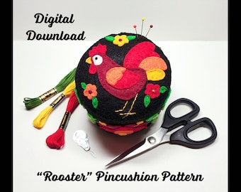Pattern, Rooster Felt Pincushion, handmade, chicken, applique, hand sewing, flowers, feathers, sewing, pretty, folk art, farm, barn