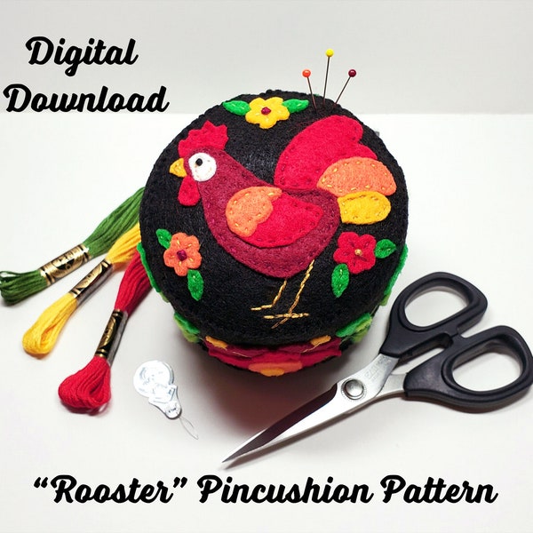 Pattern, Rooster Felt Pincushion, handmade, chicken, applique, hand sewing, flowers, feathers, sewing, pretty, folk art, farm, barn