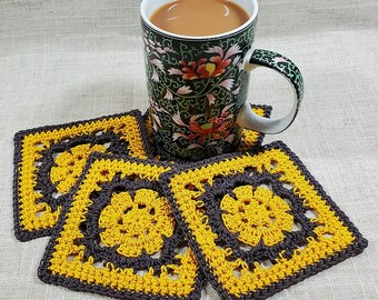 Coaster Set Floral crochet lace drink coaster yellow grey crochet lace home decor boho