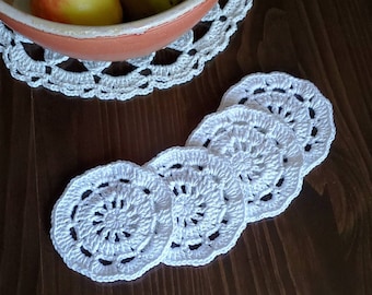 Coaster set, Delicate Doily, drink coaster, bright white, crochet home decor