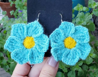 Earrings, Aqua, six petal flower, colorful crochet