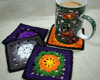 Coaster Set Floral crochet lace drink coaster Halloween Decor crochet lace home decor pumpkin purple candycorn ghosts