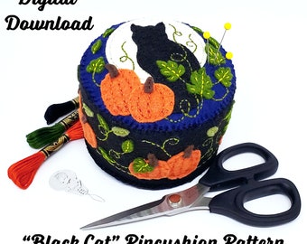 Black Cat Pincushion by Angel Hawari Digital Download Pattern Full Moon Pumpkin Patch Fall Felt Applique Sewing Project