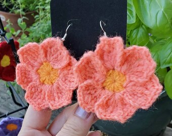 Earrings, Peach, six petal flower, colorful crochet