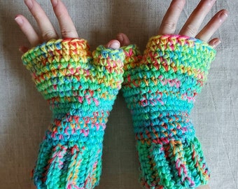 Fingerless gloves, Reef Sunrise, blue green yellow ombre, neon, rainbow, handmade by Angel Hawari