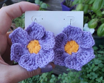 Earrings, periwinkle, six petal flower, colorful crochet