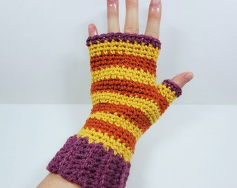 Fingerless gloves, yellow, orange, purple, stripes, handmade by Angel Hawari, wool, artist designed, artist made, warm and cozy style