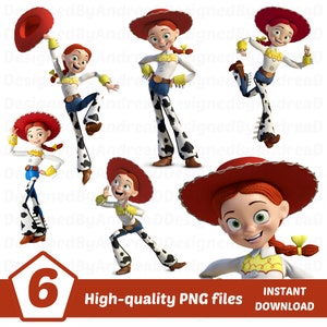 K&ouml;nnte beinhalten: Sechs hochwertige PNG-Dateien mit der Figur Jessie aus Toy Story. Jessie wird in verschiedenen Posen gezeigt, gekleidet in ihrer typischen Cowboy-Kleidung: ein wei&szlig;es Oberteil, blaue Jeans, Chaps mit Kuhmuster und ein roter Hut. Der Text lautet 'Hochwertige PNG-Dateien'.
