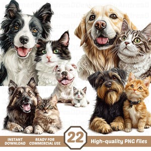 犬と猫の親友クリップアート、かわいい犬と猫のPNGバンドル、昇華デザイン、PNGバンドル、デジタルステッカー、即時ダウンロード