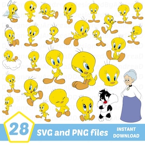 Paquete de imágenes prediseñadas de Tweety Bird Svg, paquete de imágenes prediseñadas de Tweety Bird, diseños de sublimación, imágenes prediseñadas en capas, descarga instantánea